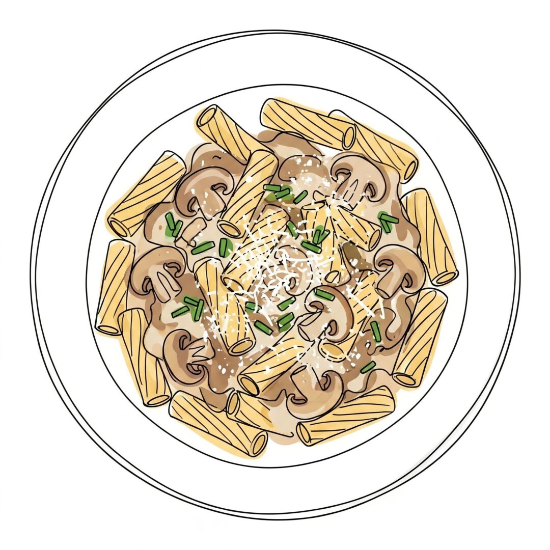 Tortiglioni mit Pilzrahmsoße, Schnittlauch und Parmesan