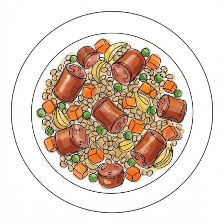 Gebratene Mettwurst mit Perlgraupen Gemüse